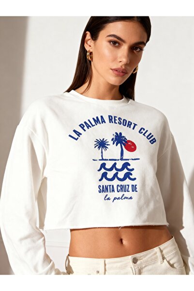 OWNOK سويت شيرت نسائي أبيض مطبوع كروب 2 بدون شاردون بأكمام طويلة