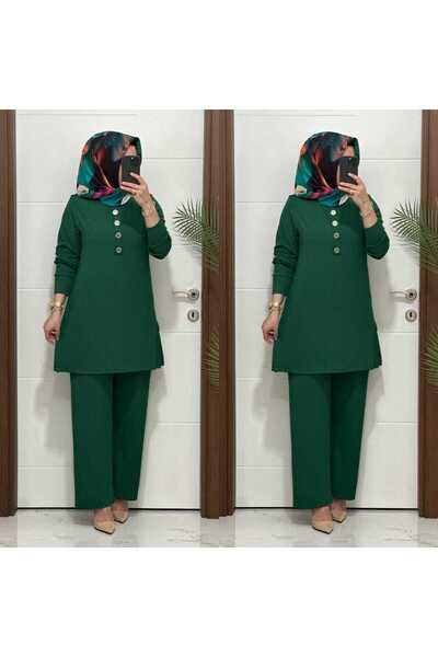 modasura 7044 K 90 zümrüt yeşil DÜĞMELİ fitilli burgu kumaş tunik pantolon ta...