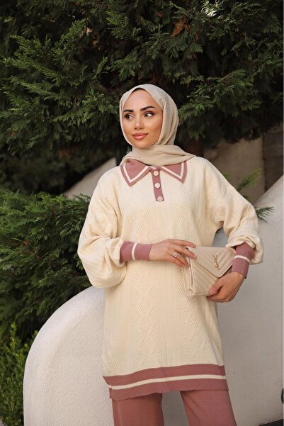 Kirazca Butik Women's Standard Size Diamond Pattern Knitwear Hijab Two-Piece Set