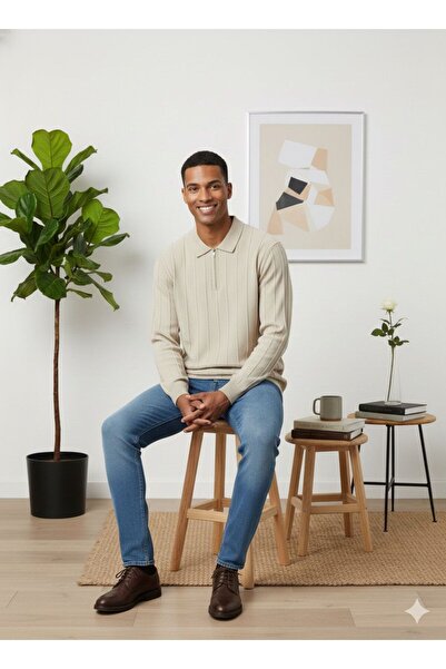 MİWAN COLLECTİON Zippered Polo Collar Slim Fit Men's Thin Knitwear Sweater Cream Color