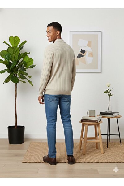 MİWAN COLLECTİON Zippered Polo Collar Slim Fit Men's Thin Knitwear Sweater Cream Color