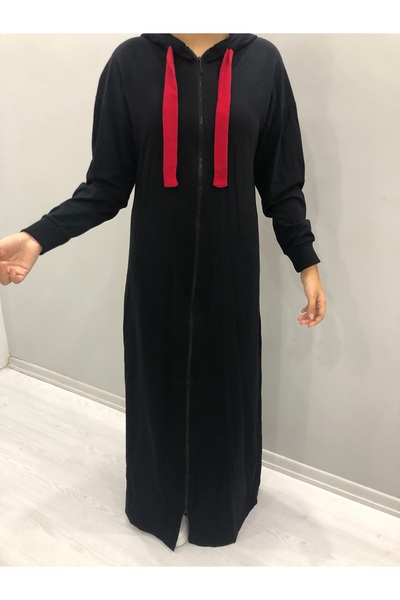 Butik Ferace tarzı kap önden fermuarlı kapişonlu şeritli iki iplik kumaş