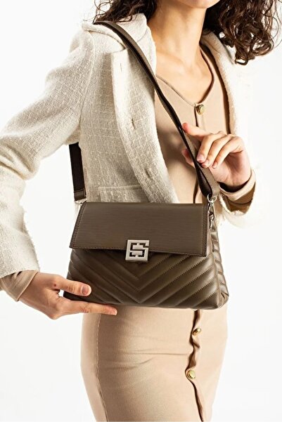 H&D COLLECTİON Stylishly Designed Mink Women's Medium Size Crossbody Bag, Chain Strap, Embroidery and Flap Detail Shoulder Bag