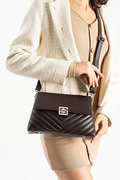 H&D COLLECTİON Stylishly Designed Mink Women's Medium Size Crossbody Bag, Chain Strap, Embroidery and Flap Detail Shoulder Bag