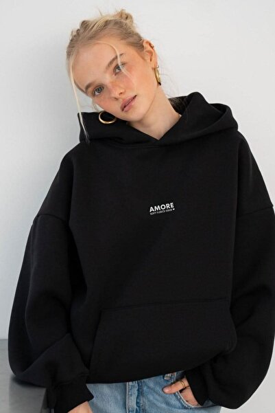 The Champ Clothing Women's Oversized Sweatshirt Hoodie Amore Black – Hooded , 3 Thread Fleece, Kangaroo Pocket