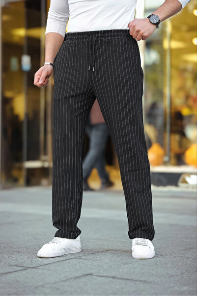 velmorafashion Velmora Striped Woven Crepe Jogger Buggy Pantalon Comfortable Fit - Black