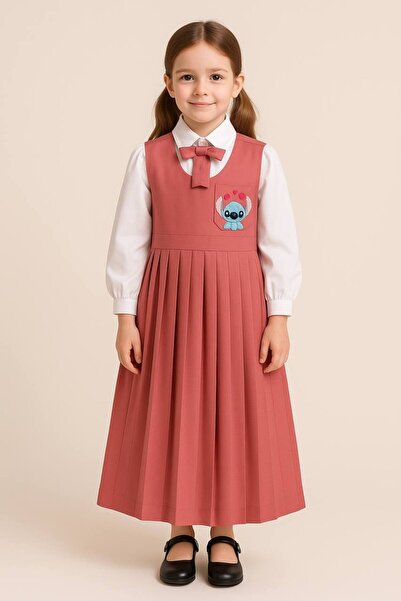 La reina petite Larina Petite pink elementary school pinafore embroidered with Stitch character, with a white shirt and bow tie
