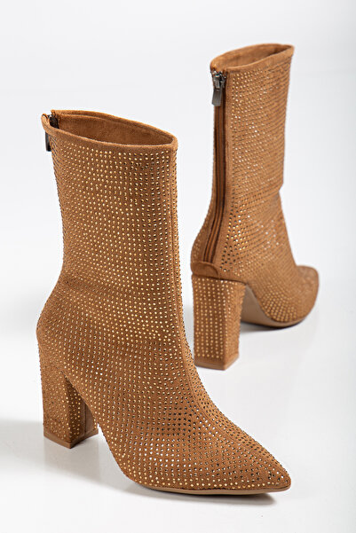 Mc vay Shoes Kadın Arka Fermuarlı Süet Taşlı Şık Topuklu Kadın Bot&Çizme