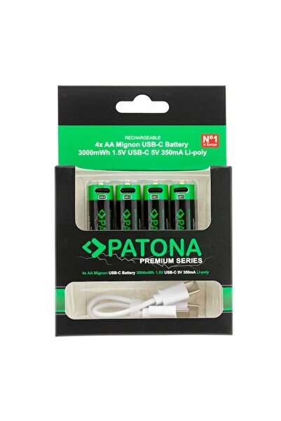 Patona Baterii reîncărcabile AA USB-C premium (pachet de 4), 2000 mAh, 1,5 V,...