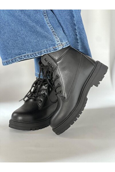 FUGALİFE Düz Siyah Cat Tarz Kadın Bot (KAYMAZ , TERMOLİGHT TABAN)