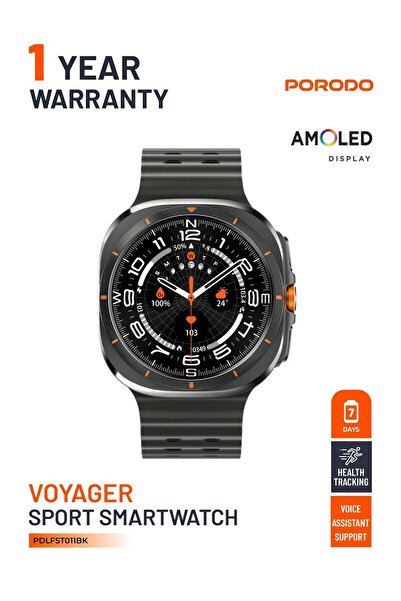 porodo 1.43" AMOLED Voyager Smart Watch Rugged Black Dial with Orange Ocean Band