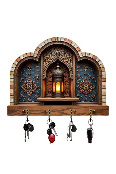 TuraLazerKesim Breloc plat 2D, din lemn, multifuncțional, cu patru cârlige me...