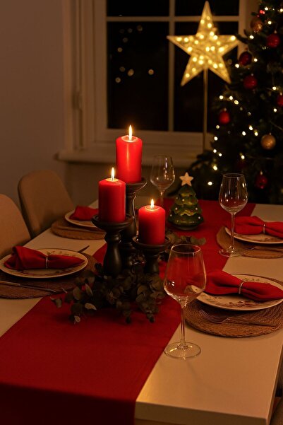 punch passion Hand Sewn Table Runner (40cm X 220cm) and Napkin Set (4 Pieces 30cm X 30cm) – Red – Table Decoration