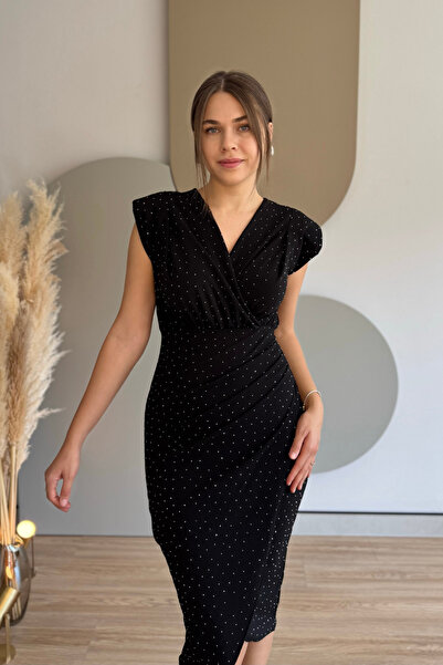 Aventien διπλό πέτο Μαύρο φόρεμα μίντι με πέτο και πέτρες βάτα τεμαχίων