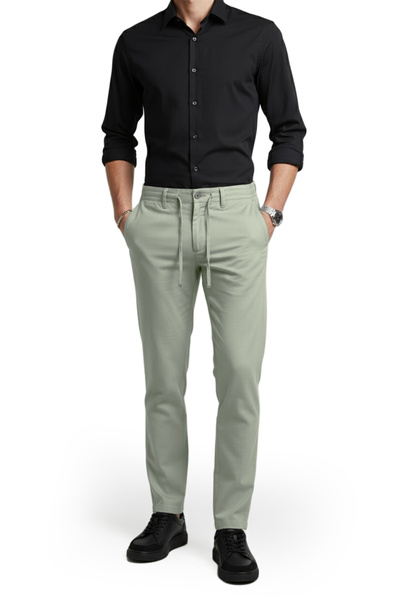 DeepSEA Light Green Flexible Fabric Slim Fit Casual Sports Trousers with Elastic Waist 2601070