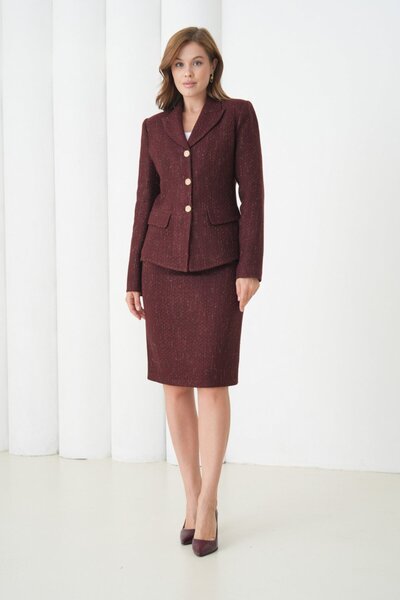 nodilife Kol Düğmeli Örgü Kumaş Etekli Kadın Takım Elbise Bordo