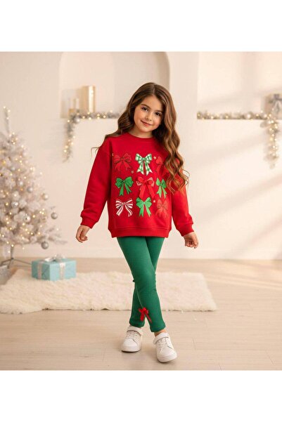 ARBİ kids Girl's Bow Christmas Double Stretch Fabric Two Thread Non-Shardon Fabric Cotton Corded Fabric Tights Set