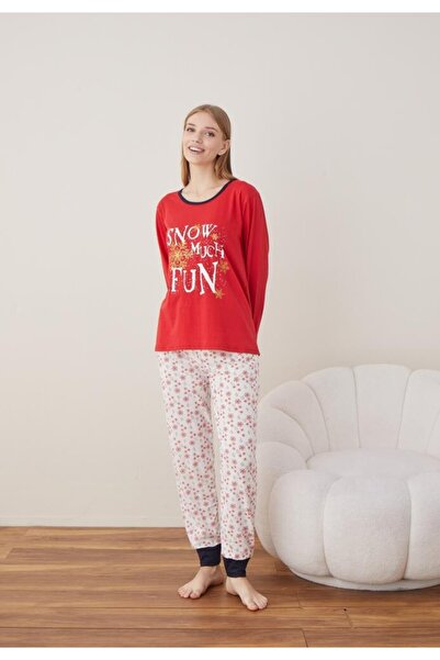 TOSKI Women's Christmas Pajamas Long Sleeve Long Pants, Red, SNOW MUCH FUN