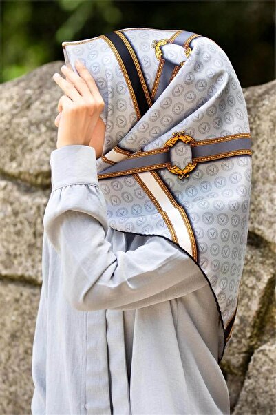 Vissona Silver Monogram Patterned Tivil Silk Scarf-10653-10-Kvs0818