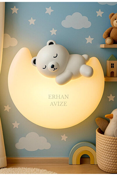 Aurellia Sevimli Ayıcık Figürlü Çocuk Odası Apliği - Uzaktan Kumandalı 3 Renk Işık ve Gece Modu