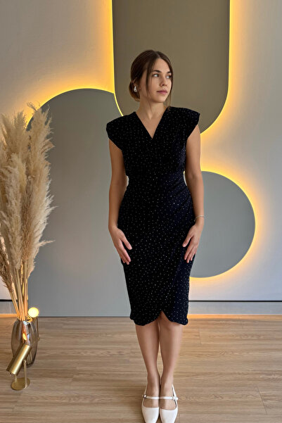 Aventien Double-Breasted Navy Blue Midi Dress with Collar and Shoulder Pad Stones