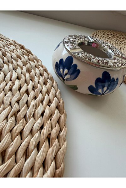 Bumelo منفضة سجائر دائرية زرقاء مزخرفة بالزهور