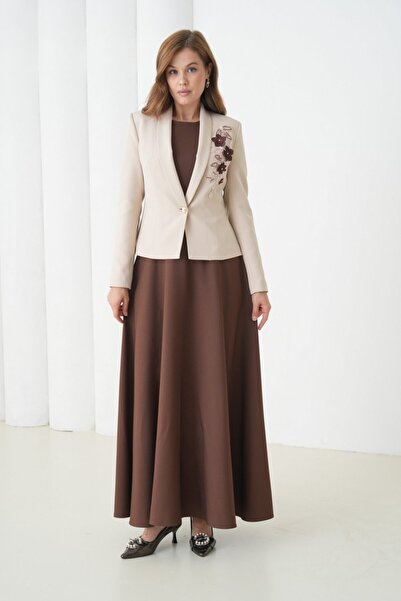 nodilife Flower Printed Women's Suit with Flared Dress Beige-Brown