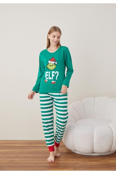 TOSKI Women's Christmas Pajamas Long Sleeve Long Pants, Green, Elf?