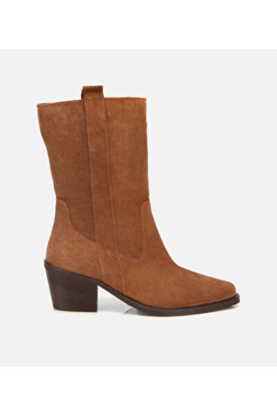 Hotiç Kadın Süet Deri Taba Western Kovboy Topuklu Bot