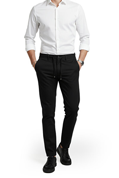 DeepSEA Black Flexible Fabric Slim Fit Casual Sports Trousers with Elastic Waist 2601070