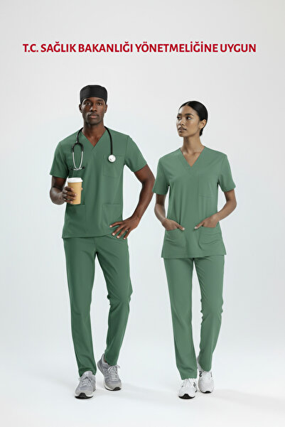 uçak iş giyim YEŞİL AMELİYATHANE PERSONEL FORMASI LİKRALI SCRUBS TAKIM (FROST...
