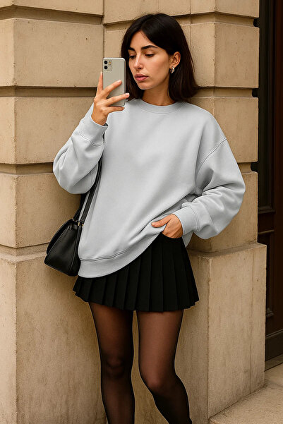 COMBİNE MİCHAİL Γυναικείο πουλόβερ με λαιμόκοψη χειμώνα oversized σε γκρι χρώμα