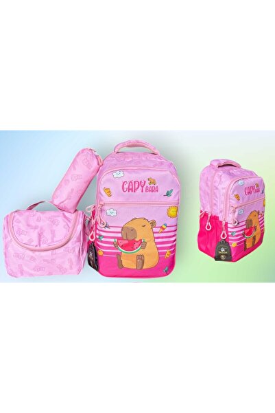 Sentor Pembe Capybara İlkokul Çantası + Beslenme Çantası + Kalemlik (3 Parça)