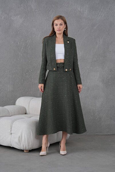 nodilife Örgü Kumaş Kloş Etekli Kadın Takım Haki