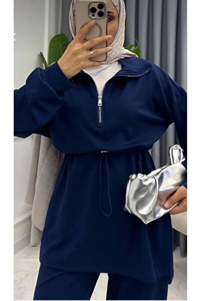 New Lune Women's Islamic Clothing Set, Zippered Waist-Tie Tunic, Wide-Leg Pants, Double-Thread Knitted.