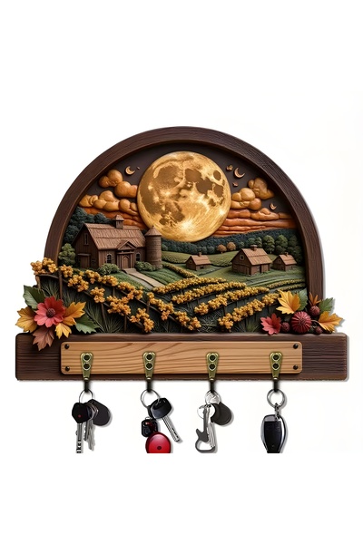 TuraLazerKesim Breloc plat 2D, multifuncțional, din lemn, cu patru cârlige me...