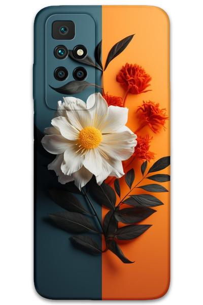 MRCİLETİSİM غطاء خلفي لهاتف Xiaomi Redmi 10 بنمط HD مطبوع - زهرة بيضاء برتقالية