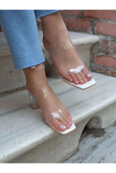 Felisya Butik Women's White Transparent Banded Heeled Slippers