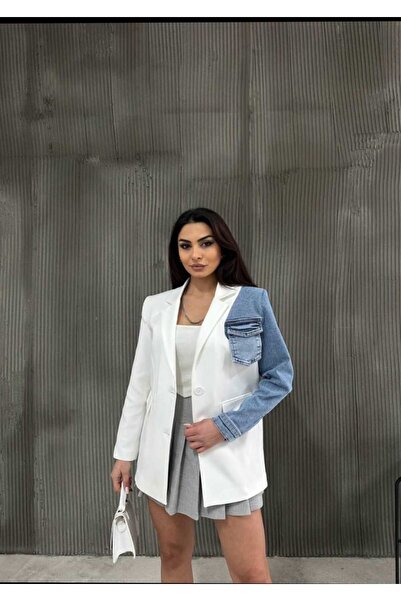 Azra Moda Style White Blazer Jacket Denim Sleeve Pocket Detail Women