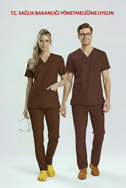 uçak iş giyim طقم ملابس طبية بنية اللون من الليكرا (فريار براون)