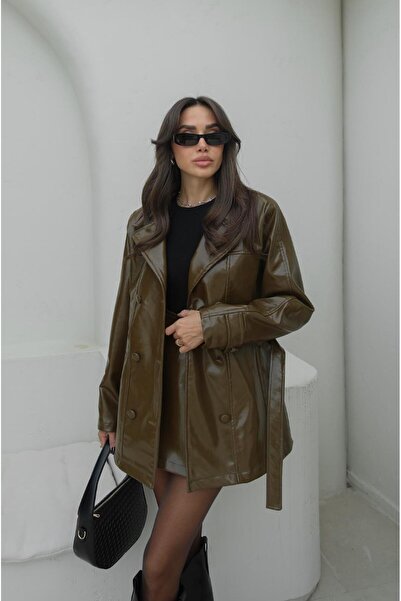 Havoş Khaki Coated Buttoned Jacket Skirt Leather Suit