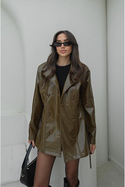 Havoş Khaki Coated Buttoned Jacket Skirt Leather Suit