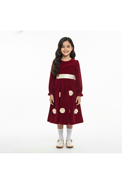 HAWRAA فستان بناتي مخمل خمري بتفاصيل وردية وحزام حريري