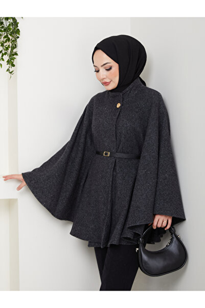 Cochines Women's Black Gold Brooch Buttoned Belted Crinkle Cashmere Hijab Tunic Long Poncho