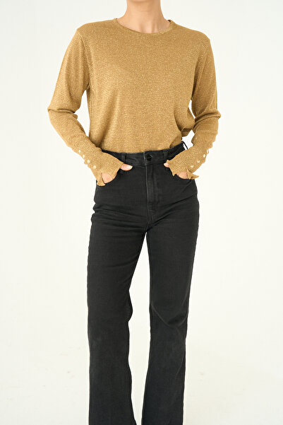 LOOSH Kadın Gold Bisiklet Yaka Kolları Düğme Detaylı Kazak