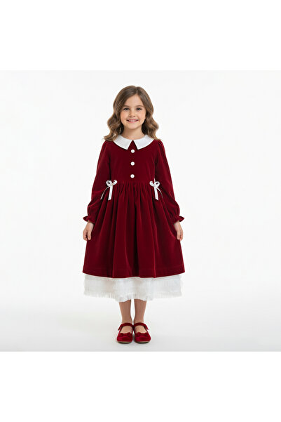 HAWRAA فستان بناتي مخمل خمري بياقة بيضاء وطبقة تول – تصميم شتوي راقٍ