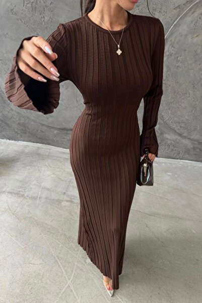 Auroveen Fit Kesim Nervürlü Bisiklet Yaka Uzun Triko Elbise AV3363