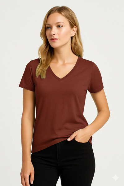 PROLET Kadın V Yaka Basic Tişört – Limited Color Drop
