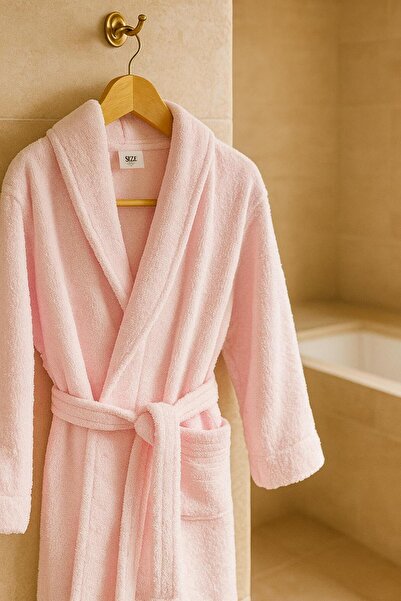 LUNGA VİTA Pink Curling Robe 100% Cotton Kimono Collar Without Hood