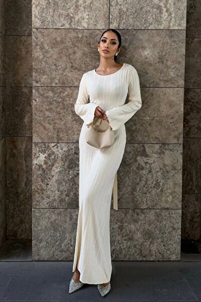 Auroveen Fit Kesim Nervürlü Bisiklet Yaka Uzun Triko Elbise AV3363